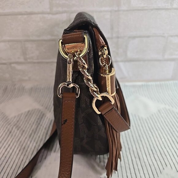 Michael Kors Signature Fold over Brown Leather Shoulder Bag Handbag w/ Tassell - Picture 6 of 13